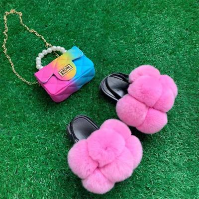 China Factory Light Sale Kids Fur Slides And Cheap Fluffy Purse Set for sale