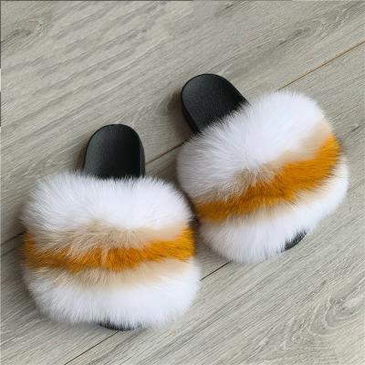 China Fashion trend wholesale price lightweight open toe hairy fox fur real slips logo customized fluffy slippers for women for sale