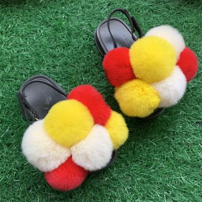 China 2021 Lightweight Customize Logo Real Fur Slippers Children Winter Fluffy Summer Fur Ball Slippers for sale