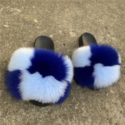 China Fashion Trend Fur Slides For Women REAL BIG FURRY Slippers Flush Color Plaid Soft Raccoon Slider Sandals Fox Fur Outdoor Slipper for sale