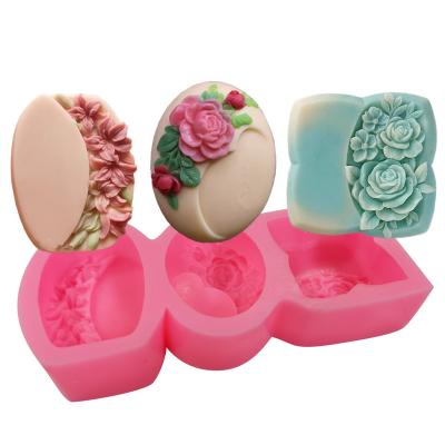 China Sustainable 3 Flower Rose Silicone Soap Mold Decorative Wax Melt Aroma Gypsum Epoxy Resin Mould DIY Chocolate Cake Molds for sale