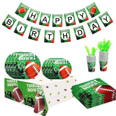 China 300g White Card American Football Theme Party Set Boy Rugby Party Paper Cup Paper Plate Banner Birthday Party Set for sale