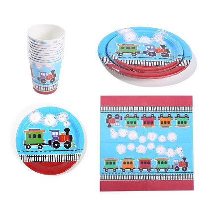 China Blue Stock Paper Factory Cartoon Train Birthday Party Tableware Set Tissue Paper Dish Paper Cups Party Decoration for sale