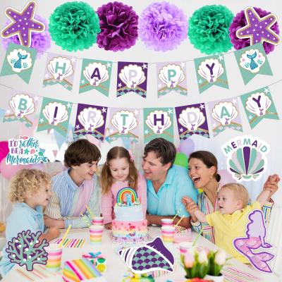 China Birthday Decoration Mermaid Theme Gift Supplies Happy Birthday Banner Pompom Swirls for sale