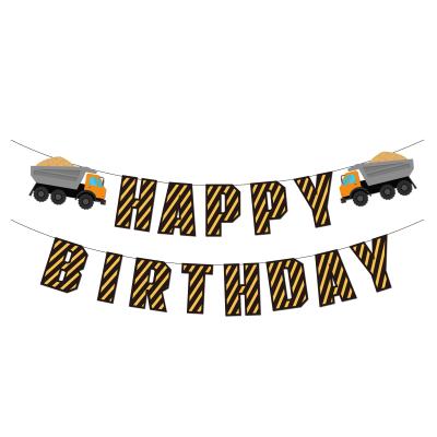 China Construction Theme Happy Birthday Paper Hot Striped Banner for Construction Vehicles Kids Excavator Excavator Birthday Decoration for sale