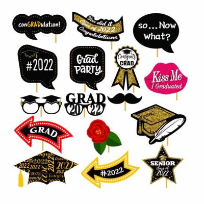 China Paper+Bamboo Sticks 2022 Year Graduation Photo Custom Props With Black Wooden Sticks And Party Props Set Boys Girls Graduation Party Supplies gold for sale