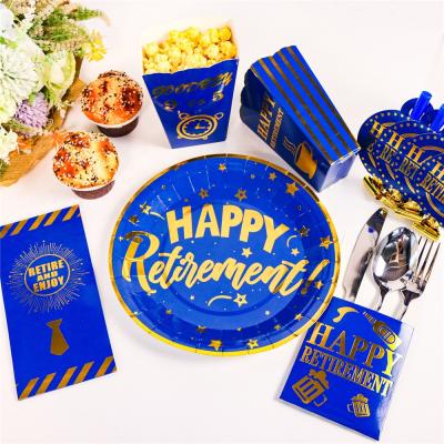 China Birthday or Retarement Making Supplies Custom Design Gold Blue Theme Happy Retirement Decorations Party Supplies Table Kits Paper Plates for sale