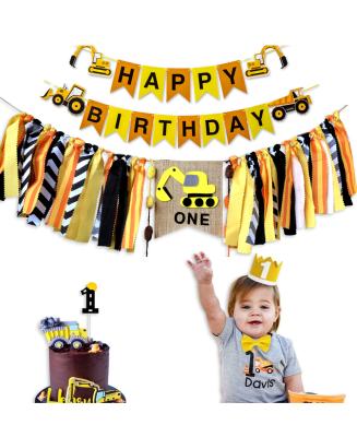 China Excavator Theme Baby 1st Birthday Decoration Set Excavator Theme Baby 1st Birthday Decoration Set Engineering Chair Pull Flag Hat Cake One Year Old Dining Topper vehicle baby for sale