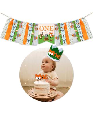 China 1stwoodland Theme Baby Birthday Decoration Set 1stwoodland Theme Baby Animal Birthday Decoration Set ONE Birthday Party Banner Party Hat Cake Topper for sale