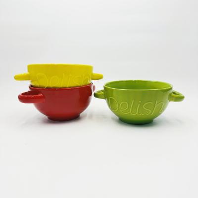 China Sustainable 2023 Hot Selling Double Ear Soup Bowl Cute Ceramic Bowl Ceramic Fruit Bowl Nordic for sale