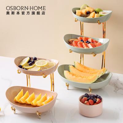 China OSBORN Coffee Store Ceramic POS Snack Fruit Dish Stocked Three Tier Dishes With Gold Rack for sale