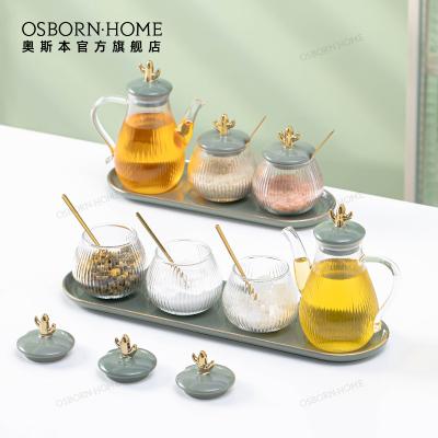 China OSBORN Kitchen 5pcs Cover Spice Jar Food Storage Seasoning Glass Jar with Ceramic Spoon Lid for sale