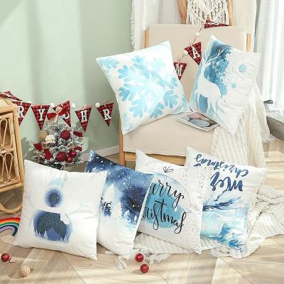 China Latest Designs Viable Christmas Printing Blue Cushion Cover Watercolor Pillow Case For Home Decor for sale