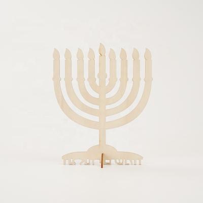 China Eco-Friendly Recycle Creative Wooden Crafts Custom Jewish Wooden Hanukkah Menorah Fashion Children DIY Decorative for sale