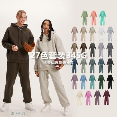 China 2022 Wholesale Autumn And Winter Plush Thickened Solid Color Solid Color High Street Patch Pocke Hoodie Sweatpants Hooded Loose Set Thermal for sale