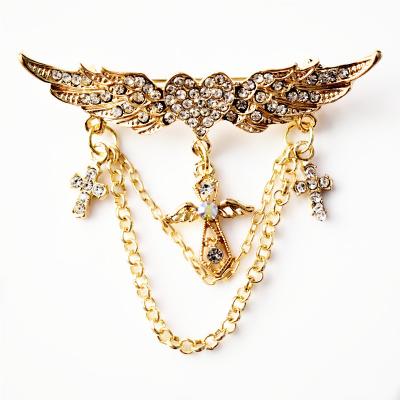 China Fashionable Europe and the United States fashion personality brooch angel wings love chain multi-layer diamond cross pendant brooch for sale