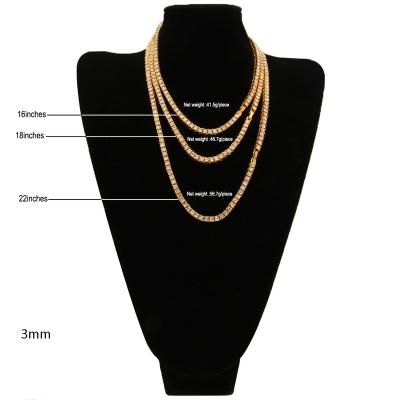 China Hiphop Hip Hop Necklace Male 3mm4mm Alloy Rhinestone A Row Of Tennis Gold Silver Necklace Chain Jewelry for sale