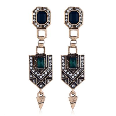 China Retro Bohemian Turquoise Filigree Gold Plated Diamond Stud Earrings TRENDY for Women Geometric Tassel Earrings Long Jewelry for sale