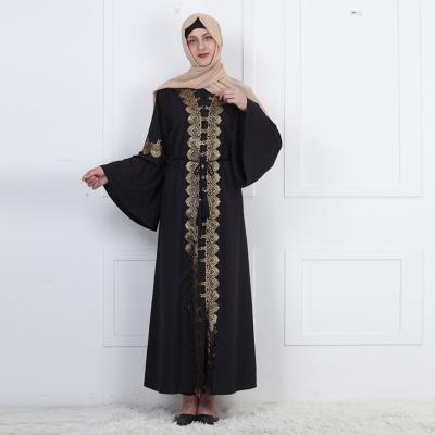 China 2022 Polyester Arabic Black Praying Abaya Muslim Dress For Women Jalabiya Formal Islamic Maxi Long Sleeve Dresses With Gold Pattern for sale