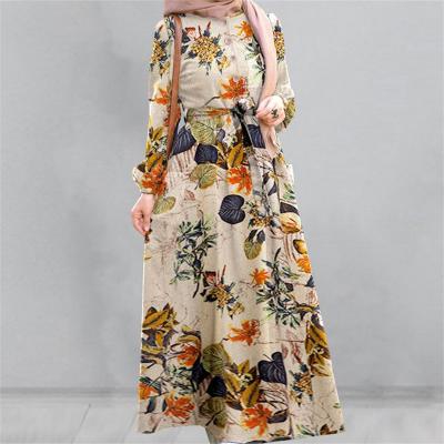 China New Design Flower Cotton Hemp Pattern Women's Muslim Maxi Dress Arabic Maghribi Islamic Clothing With Button for sale