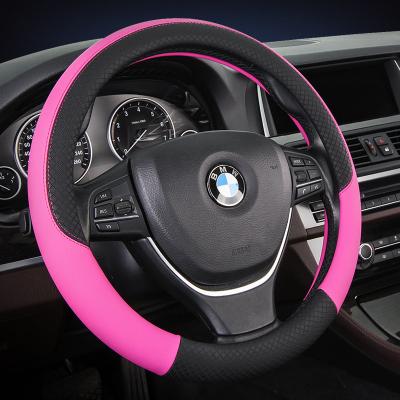 China Universal Durable 15 Inch Car PU Leather Steering Wheel Cover Odorless Anti-Skid Pink Color for sale