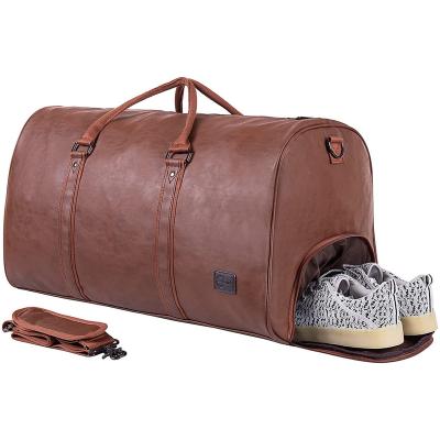 China Fashion Leather Travel Bag with Shoe Pouch Large Carry on Waterproof Weekender Bag for Women Overnight Bag for Men-Brown for sale