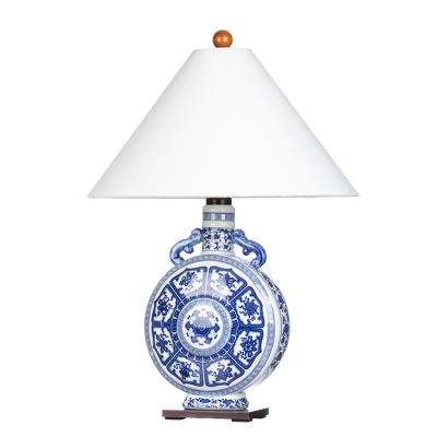 China Chinese blue and white ceramic trumpet lamp Chinese home lamp decoration designer bedroom soft handcrafted bedside lamp for sale