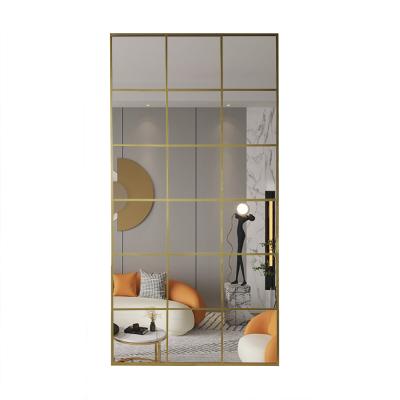 China Large Minimalist Gold Rectangular Iron Metal Framed Large Oversized Integral Long Rack Floor Hung Wall Window Grille Mirror Espejo Spiegel for sale