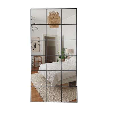 China Large Minimalist Wholesale Black Rectangular Iron Metal Framed Large Full Length Wall Hanging Window Grille Mirror Espejo Spiegel for sale