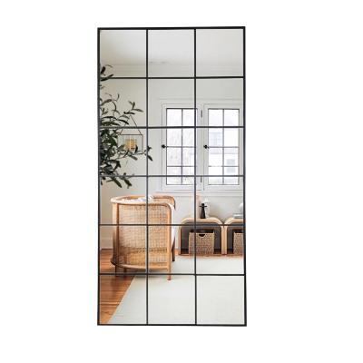 China Minimalist design large tall black rectangular iron metal framed integral longtime floor hung wall window grille mirror espejo spiegel for sale