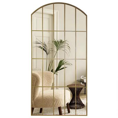 China Wholesale Minimalist Gold Vintage Arch Metal Framed Large Large Hanging Full Length Bathroom Wall Window Grille Mirror Espejo Spiegel for sale