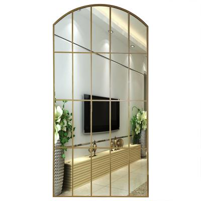 China Large Large Minimalist Gold Arch Iron Luxury Metal Framed Integral Decor Long Hung Wall Window Grille Mirror Espejo Spiegel for sale