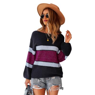 China 2021 Winter Anti-wrinkle crew neck striped lantern sleeve sweaters tejidas mujer chompas for sale