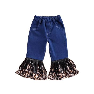 China YAJIANUO Girls Breathable Wholesale Kids New Style Jeans Leopard Print Bell-Based Pants With Tassels for sale