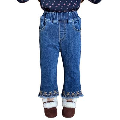 China Color Fade Proof YAJIANUO Spring Summer Toddler Baby Long Pants Slim Double Blue Lace Embroidered Girls Rocket Jeans for sale