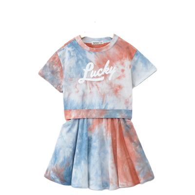 China YAJIANUO casual customized girls two piece set letter printing t-shirt tie dyed pleated sports culottes for sale