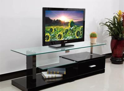 China Triangle Custom TV Cabinet 6mm Tempered Glass TV Stand With 2 Glass Shelves for sale