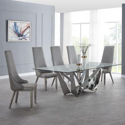 China Mesa de comedor de cristal moderada moderna, mesa de comedor de acero inoxidable del estilo francés en venta