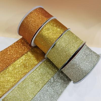 China Current Gold Glitter Ribbon Cutting Silver Red Blue Green Pink Edge Wired Edge Ribbon Best Selling Decorative Ribbon for sale