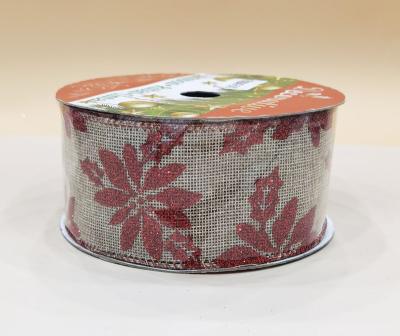 China Natural stock burlap ribbon printed with natural faux glitter red poinsettia Christmas ribbon for sale