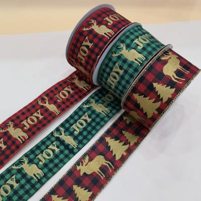 China New Latest Design Christmas Ribbon Plaid Printed With Deer Christmas Tree Wired Edge Ribbon for sale