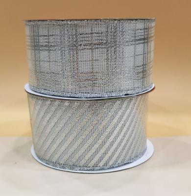 China New White Burlap With Silver Foil Stamp Stripe Christmas Ribbon Cable Edge Plaid Ribbon for sale