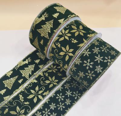 China Velvet Iridescent Dark Green Ribbon Printed with Gold Glitter Christmas Icon Ribbon Printed with Glitter Snowflake Dot Stripe for sale