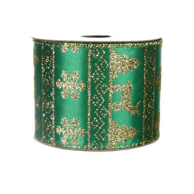 China Viable Wholesale Gold Shiny Snowflake Print Glitter Ribbons Christmas Green Thick Ribbon Cabled Ribbon For Christmas for sale