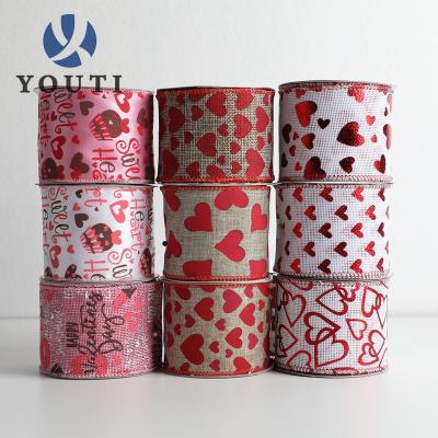 China New Viable Red-Pink Custom Heart Printing Ribbon Wired Edge Burlap Ribbon Valentine's Day Ribbon for sale