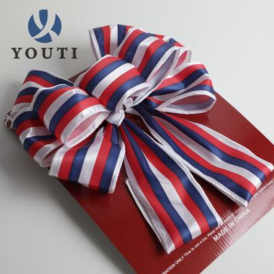 China Viable Wholesale Star Blue Red White Stripes Print Polyester Ribbon Bow Independence Day Ribbon Cable Bow for sale