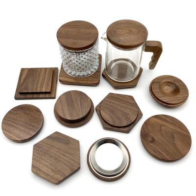 China Reusable Polygonal Wooden Ceramic Mug Cover Black Walnut Tea Cup Reusable High Quality Glass Lid for sale