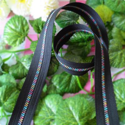 China No. 5 rainbow metal zipper cloth belt black long chain for handbags clothing for sale