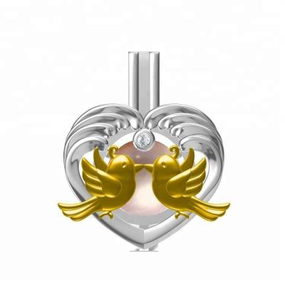 China Cute Love Bird Pearl Cage Decoration Charm Silver Gold Plated Jewelry Cultured Pearl Heart Wing Necklace Pendant for sale