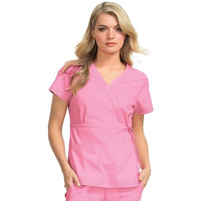 China Medical Unform women scrub set Mock-wrap neckline scrub top with adjustable Front-tie waist and cargo scrub panty for sale